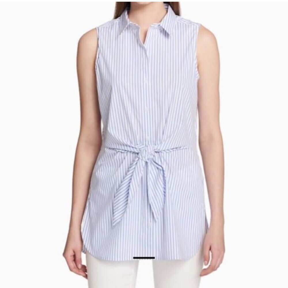 Calvin Klein Striped Poplin Cotton Tie Front Button Up Sleeveless Blouse Top